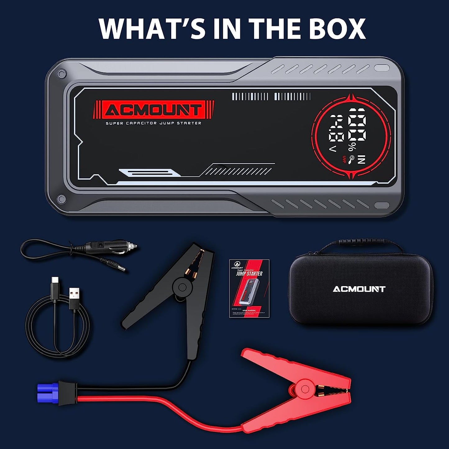 ACMOUNT 3000A Super Capacitor Jump Starter, 500F Battery-Free Car Jump Box(Up to 10.0L Gas, 8L Diesel), Built-in Supercapacitor with Large LCD Display, No Pre-Charging Starter